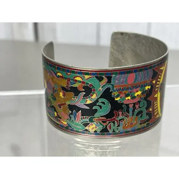 Artist Fernandez Rodriguez Mexico Enamel Aztec Theme Thick Cuff Bracelet - Picture 5 of 5